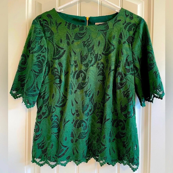 Dress Barn db established 1962 Dark Green Lace Elbow Sleeve Back Zip Blouse - Picture 1 of 7